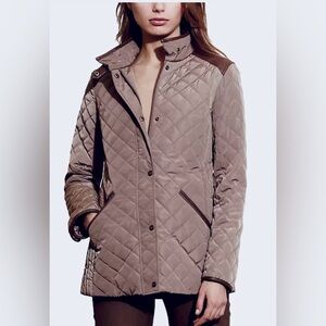 Lauren Ralph Lauren Taupe Diamond Quilted Equestrian Jacket Brown Trim Size L